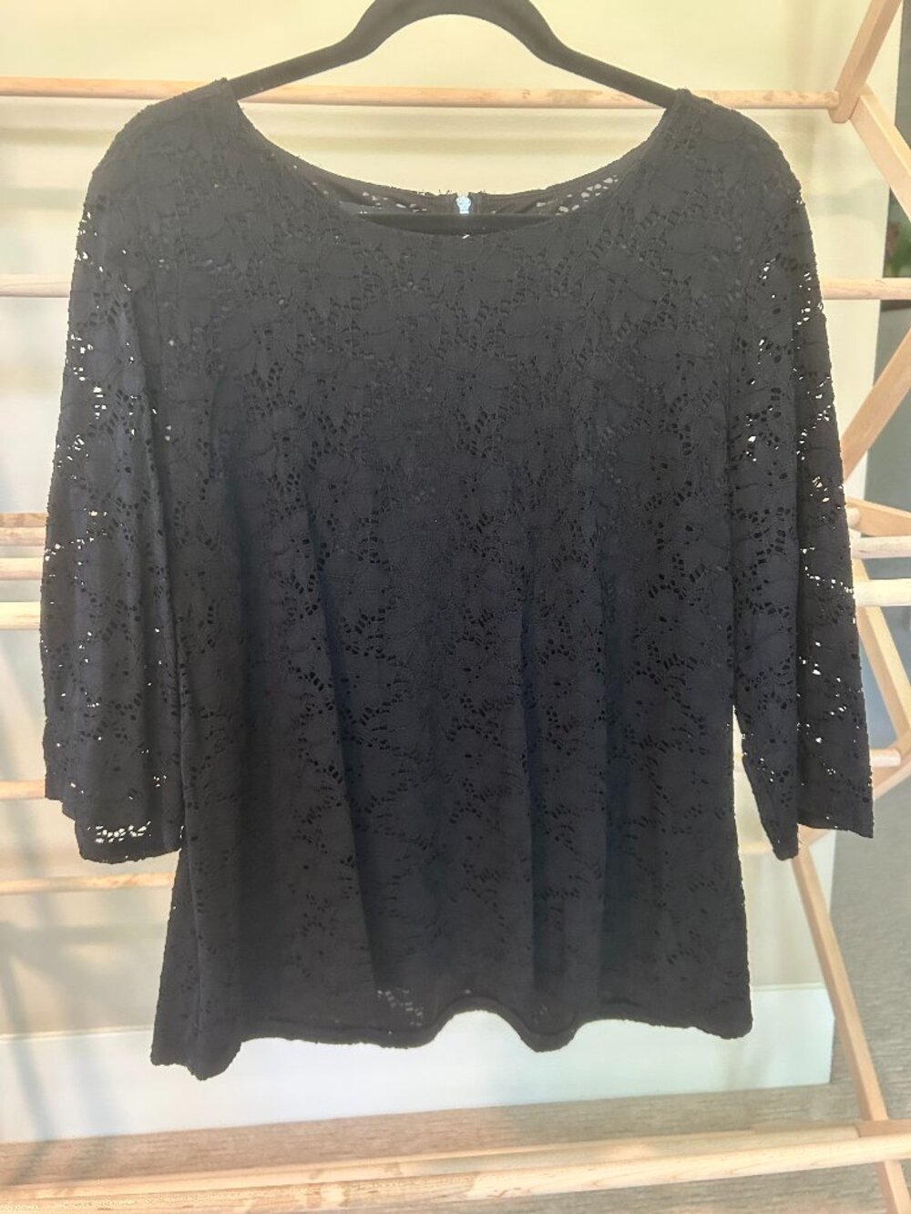 Alfani Black Floral Lace Exposed Back Zip 3/4 Sleeve Blouse XL